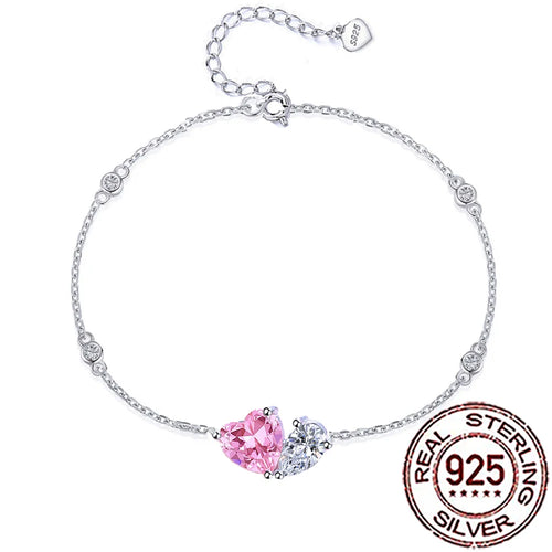 QooLady S925 Sterling Silver Sweet Shiny Pink Cubic Zircon Love Heart Shape Bracelet for Women Wedding Party Fine Jewelry SB036