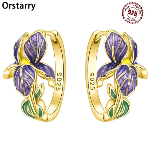 925 Sterling Silver Iris Flower Versatile Hoop Earrings Original Party Gift