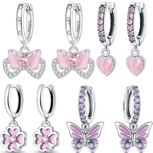 925 Sterling Silver Pink Sweet Bow Drop Earrings Trendy Anniversary Jewellery