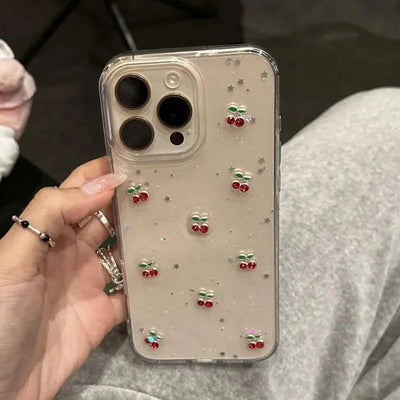 Glitter Diamond 3D Cherry Sequins Clear Case for iPhone 17 16 15