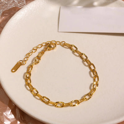 Geometric Oval Embossed Textured Link Chain Bracelet for Women,Stainless Steel Stacking Jewelry