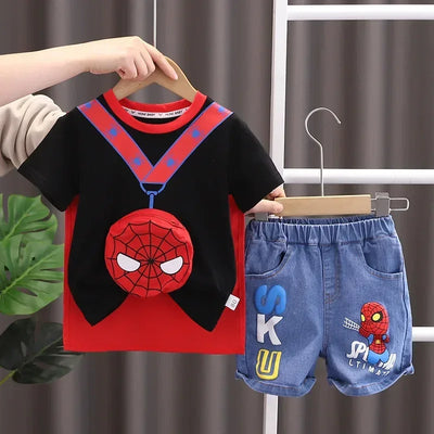 Summer Boys Spiderman Short Sleeve T-Shirt & Jeans Set Kids Fashion Clothing