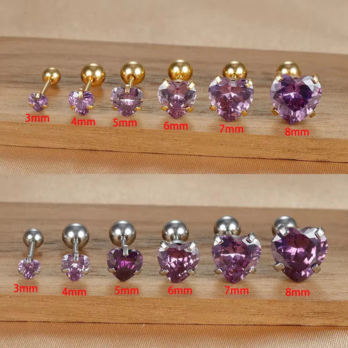 1PC Heart Stainless Steel Ear Studs Purple Crystal Stud 3-8mm