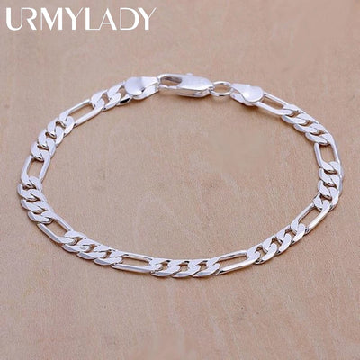 6mm Solid Chain Bracelet 20cm 925 Sterling Silver Men Women Wedding Gift