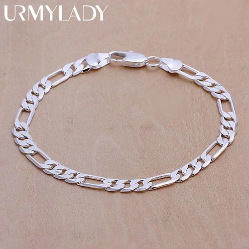 6mm Solid Chain Bracelet 20cm 925 Sterling Silver Men Women Wedding Gift