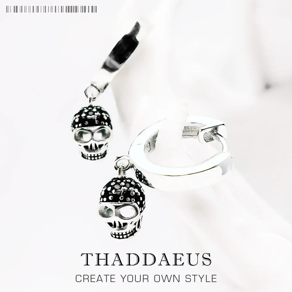 Black Skull Hoop Earrings 925 Sterling Silver Vintage Women Men Gift