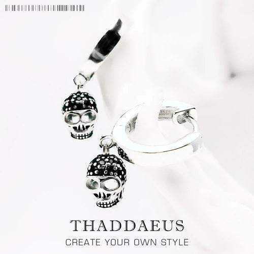 Black Skull Hoop Earrings 925 Sterling Silver Vintage Women Men Gift