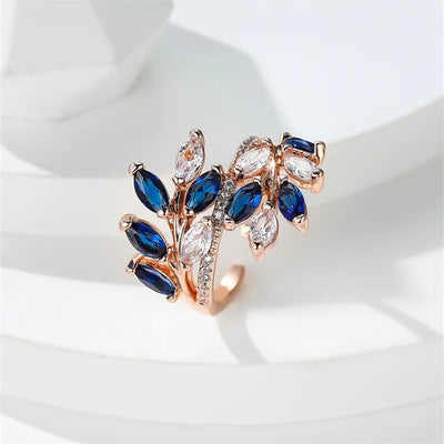 Marquise Cut Royal Blue Green Purple Pink Zircon Leaf Rings For Women Rose Gold Color Boho Cocktail Ring Wedding Bands Jewelry