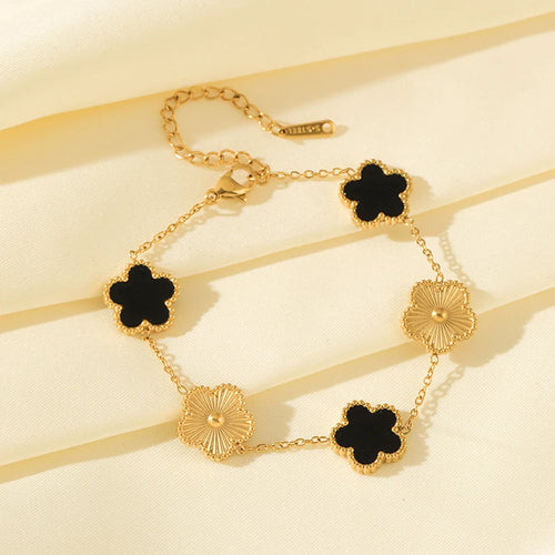 Five Leaf Clover Stainless Steel Bracelet Black Flower Wrist Chain