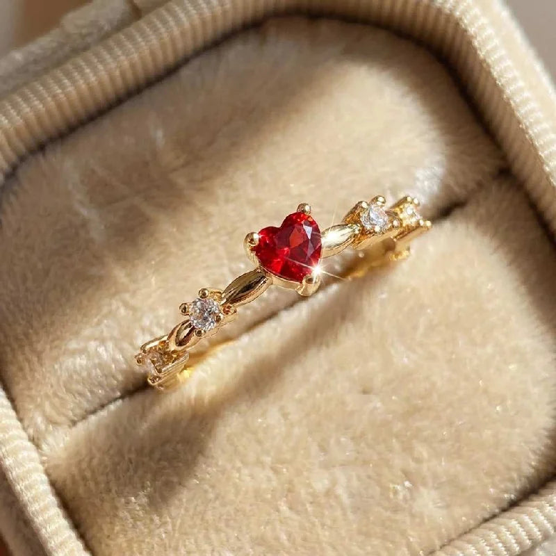 925 Sterling Silver Plated 18K Gold Zircon Red Love Heart Ring Party Wedding Vintage Fine Jewellery