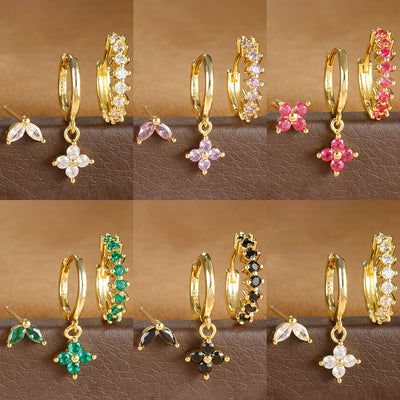 3PCS Vintage Stainless Steel Multicolor Zirconia Hoop Earrings Set