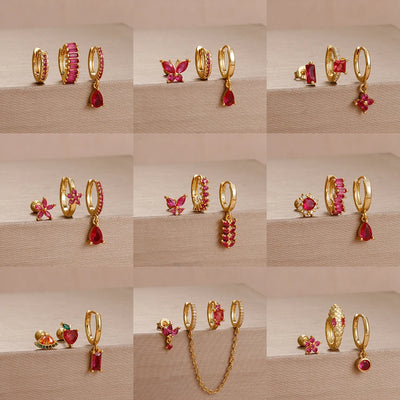 3PCS Unique Stainless Steel Earrings Set Rose Red Crystal Zircon