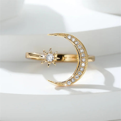 Minimalist Female Stacking Boho Star Moon Rings For Women Silver Rose Gold Color White Crystal Open Size Ring Wedding Bands Gift