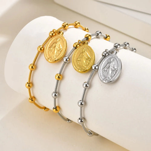 Two Tone Stainless Steel Virgin Mary Bracelet for Women, Rosary Beaded Cross Bracelets, Non Tarnish Religious Jewelry