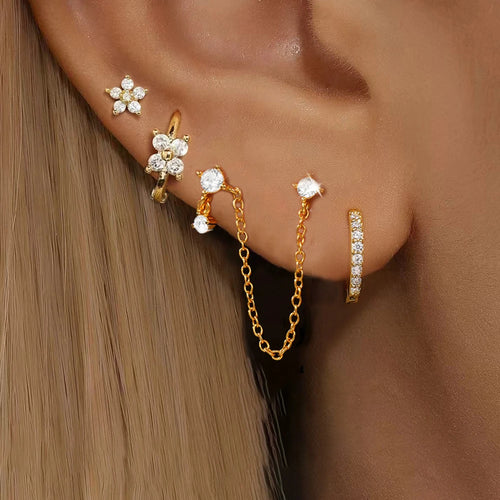 4PCS French Design Tassel Chain Pendant Hoop Earrings Set Zircon Stud