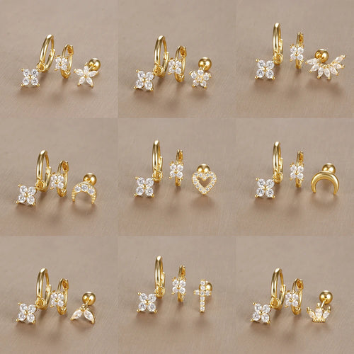 3PCS Vintage Design Four Flower Zircon Hoop Earrings Set Steel