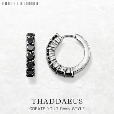 Black CZ Creole Hinged Hoop Earrings 925 Sterling Silver Glam Trendy