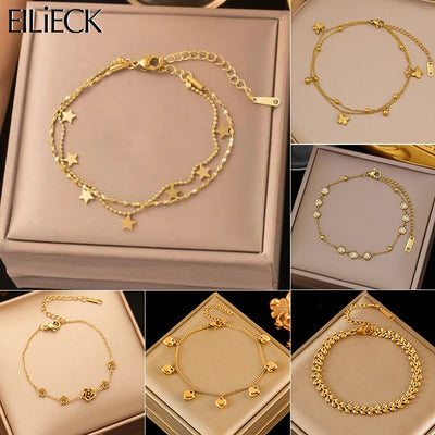 Flower Butterfly Heart Stainless Steel Charm Bracelet Gold Colour