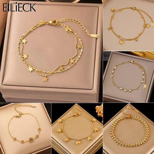 Flower Butterfly Heart Stainless Steel Charm Bracelet Gold Colour