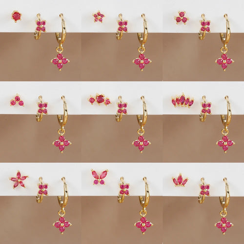 3PCS Stainless Steel Rose Red Zircon Flower Dangle Earring 18K Gold
