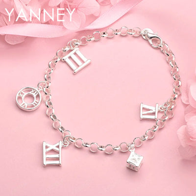 925 Sterling Silver 8-inch Roman Numerals Pendant Bracelet Women Jewellery