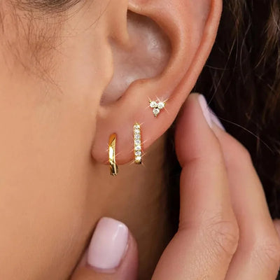 3PCS Stainless Steel CZ Zircon Huggie Hoop Earrings Flower Studs