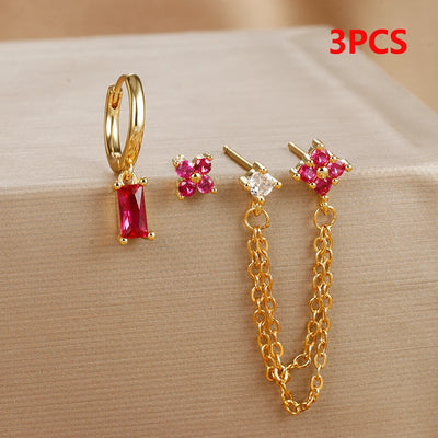 3PCS Fashion Double Ear Hole Chain Crystal Ear Stud Earring Set