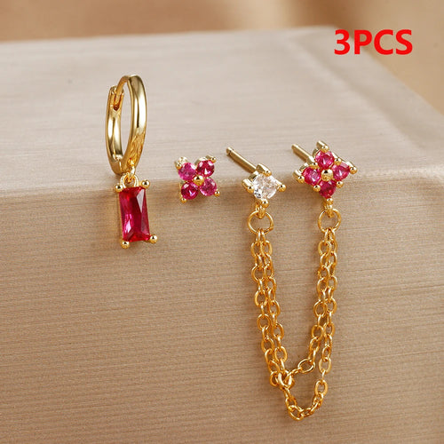 3PCS Fashion Double Ear Hole Chain Crystal Ear Stud Earring Set
