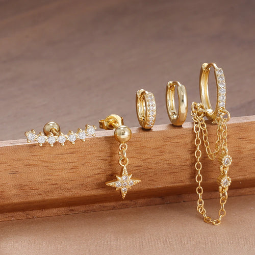 5PCS Crystal Zirconia Stainless Steel Hoop Earrings Star Chain