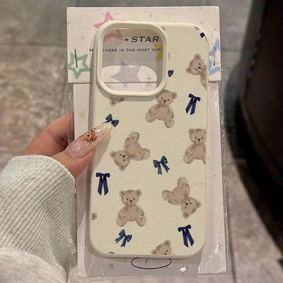 Cute Little Bear Bow Lychee Case for iPhone 17 16 15 14 Pro Max Plus
