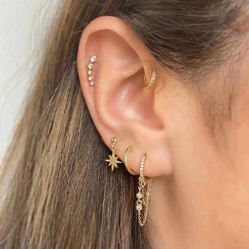 2PCS Gold Colour Crystal Zirconia Chain Hoop Earrings Small Pendant