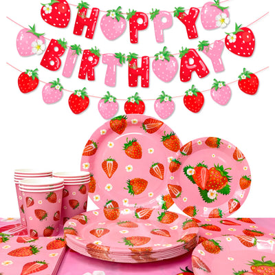 75pc Strawberry Birthday Party Supplies Plates Napkins Forks - Ship from UK