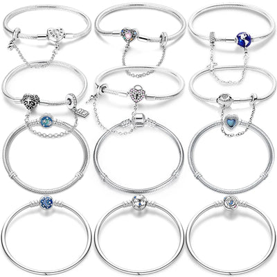 925 Sterling Silver Forever Love Peach Heart Bracelets Star Moon Airplane Earth Bracelets For Women Fit DIY Charms Party Jewelry