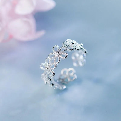 925 Sterling Silver Hollow Flower Adjustable Ring Engagement Ladies Vintage Luxury Jewellery