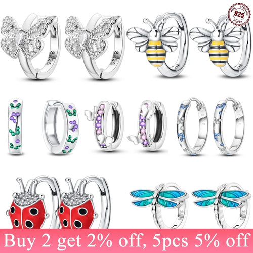 925 Sterling Silver Bees Butterflies Zircon Circle Hoop Earrings Jewellery