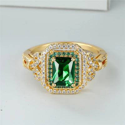 Classic Gold Color Wedding Ring Female Luxury Crystal Engagement Ring Green Zircon Square Stone Rings For Women Minimalist Bands