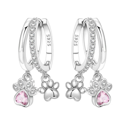 925 Sterling Silver Double Layer Pet Paw Print Drop Earrings Fashion Gift