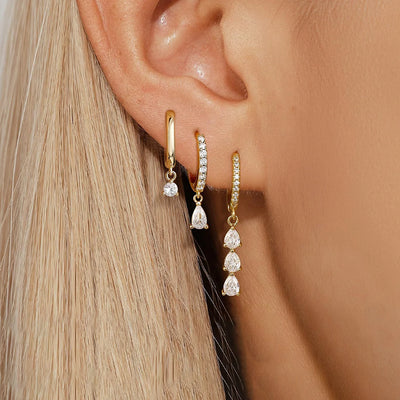 3PCS Exquisite Crystal Zirconia Water Drop Gold Colour Dangle Set