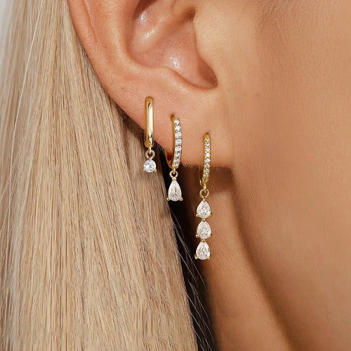 3PCS Exquisite Crystal Zirconia Water Drop Gold Colour Dangle Set