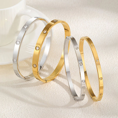 Cubic Zirconia Love Friendship Bracelets,6mm 4mm Women Bangles With CZ Stones, 18K Gold Plated Stainless Steel Jewelry