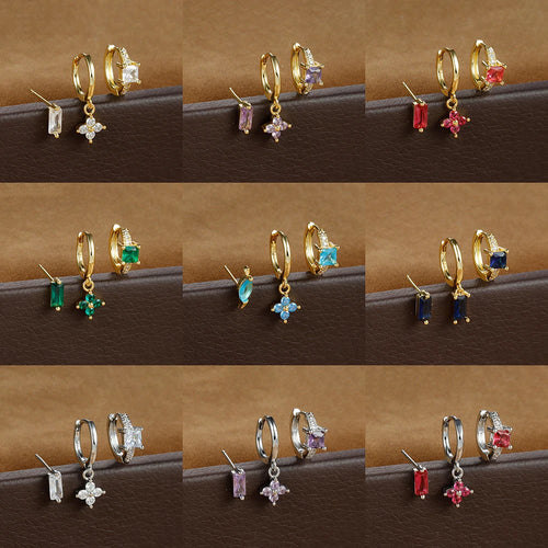 3PCS Stainless Steel Flower Crystal Zirconia Hoop Earrings Square