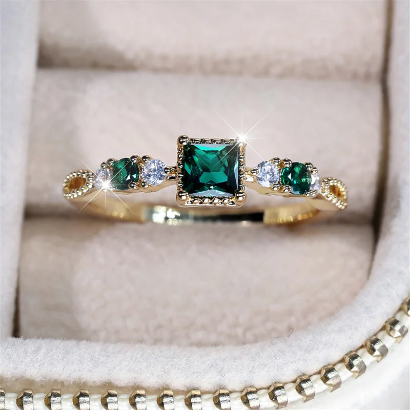 Minimalist Female Square Green Stone Thin Rings For Women Antique Gold Color White Zircon Stacking Wedding Bands Party Jewelry
