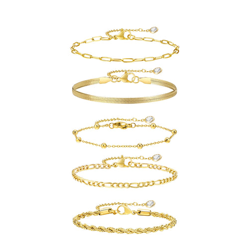 Gold Plated Bracelets Set for Women, 5pcs Chain Link Stainless Steel Statement Bracelet Stackable Layered Jewelry Adjustable