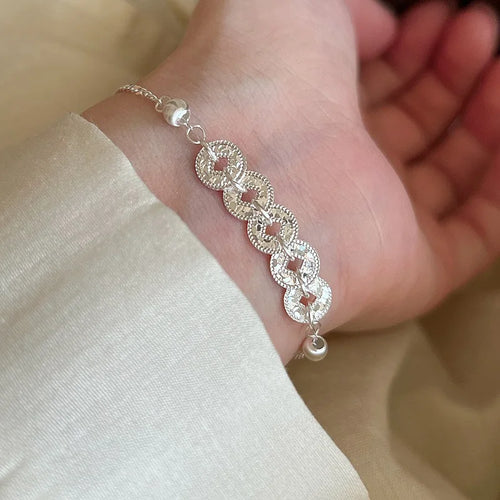 100% Solid 925 Sterling Silver Retro Bracelet for Women Geometric Circle Hollow Handmade Sparkling Simple Bracelet Birthday Gift