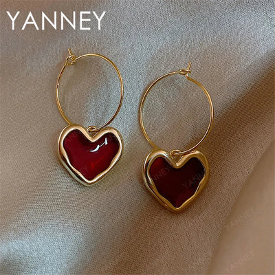 925 Sterling Silver 18K Gold Red Heart Earrings Women Fashion Birthday Gift