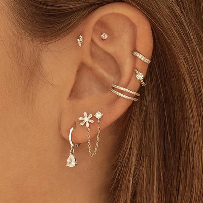 Fashion Stainless Steel Zirconia Chain Small Hoop Earrings Flower Pendant