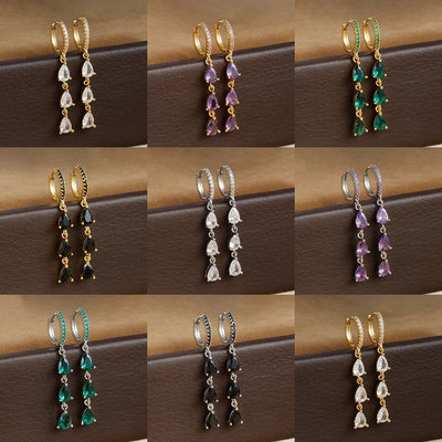 2PCS Luxury Stainless Steel Water Drop Pendant Earrings CZ Zircon
