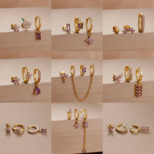 3pcs Purple Cubic Zirconia Piercing Earring Set Stainless Steel