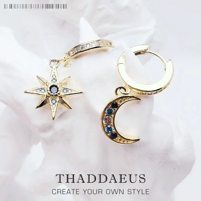 Royalty Star & Moon Hinged Hoop Earrings 925 Sterling Silver Lucky Gift