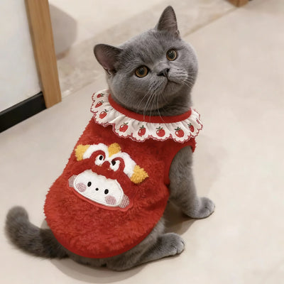 Festive Red Pet Vest! Cute Valentine Dog Cat Coat, Soft Plush Puppy Kitten Sweater with Bow Tie, Warm Cozy Outfit for